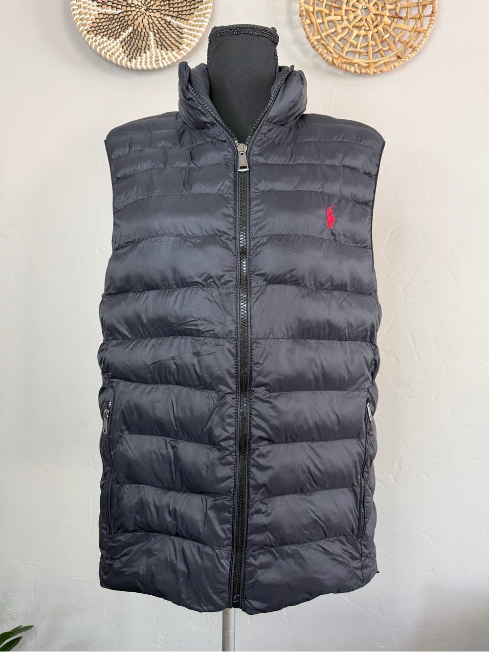 Ralph Lauren Black Quilted Down-Style Puffer Vest with Red Polo Logo